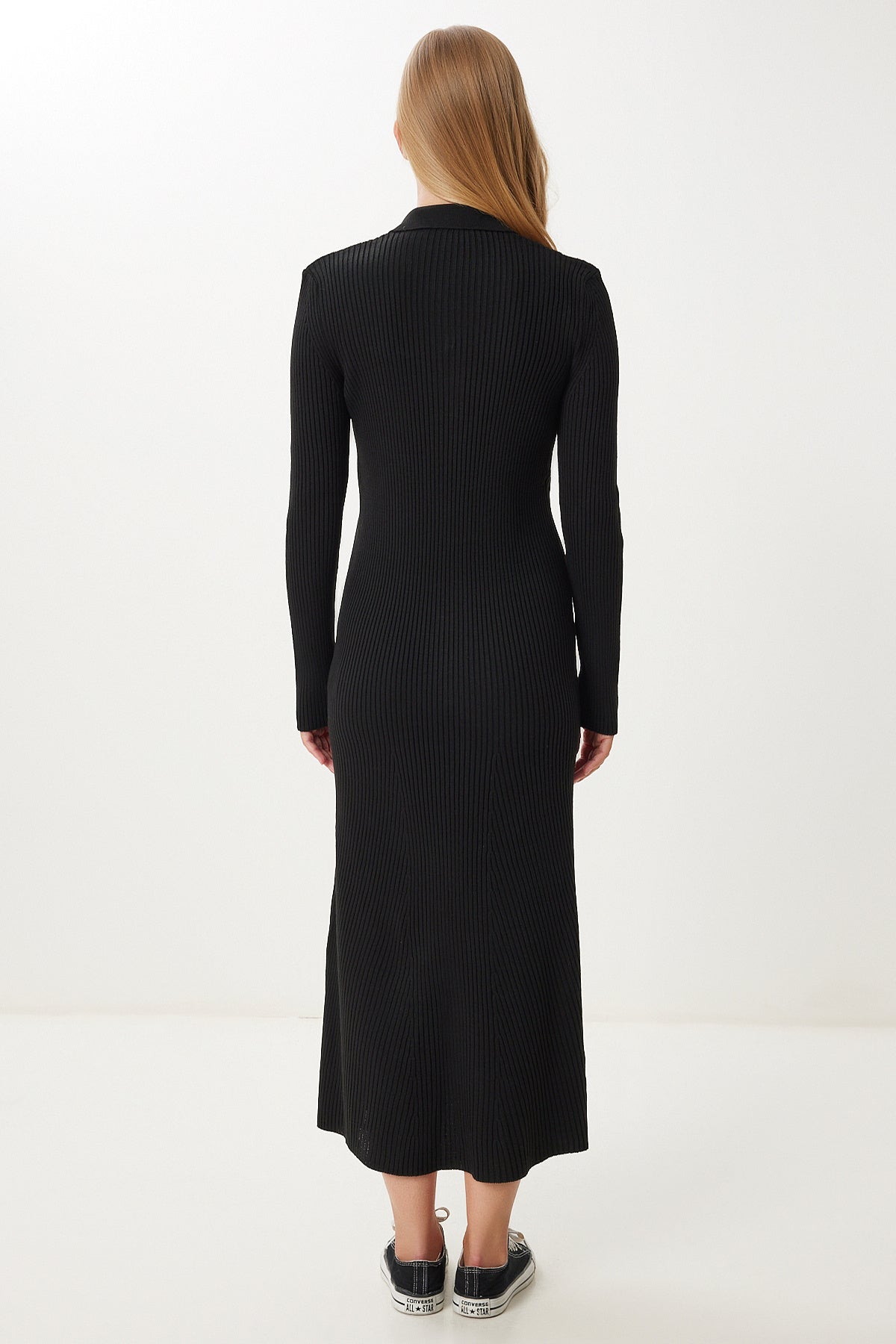 Siyah Polo Yaka Midi Fitilli Triko Elbise MX00245