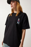 Siyah Bisiklet Yaka Nakışlı Oversize Örme T-Shirt NJ00142