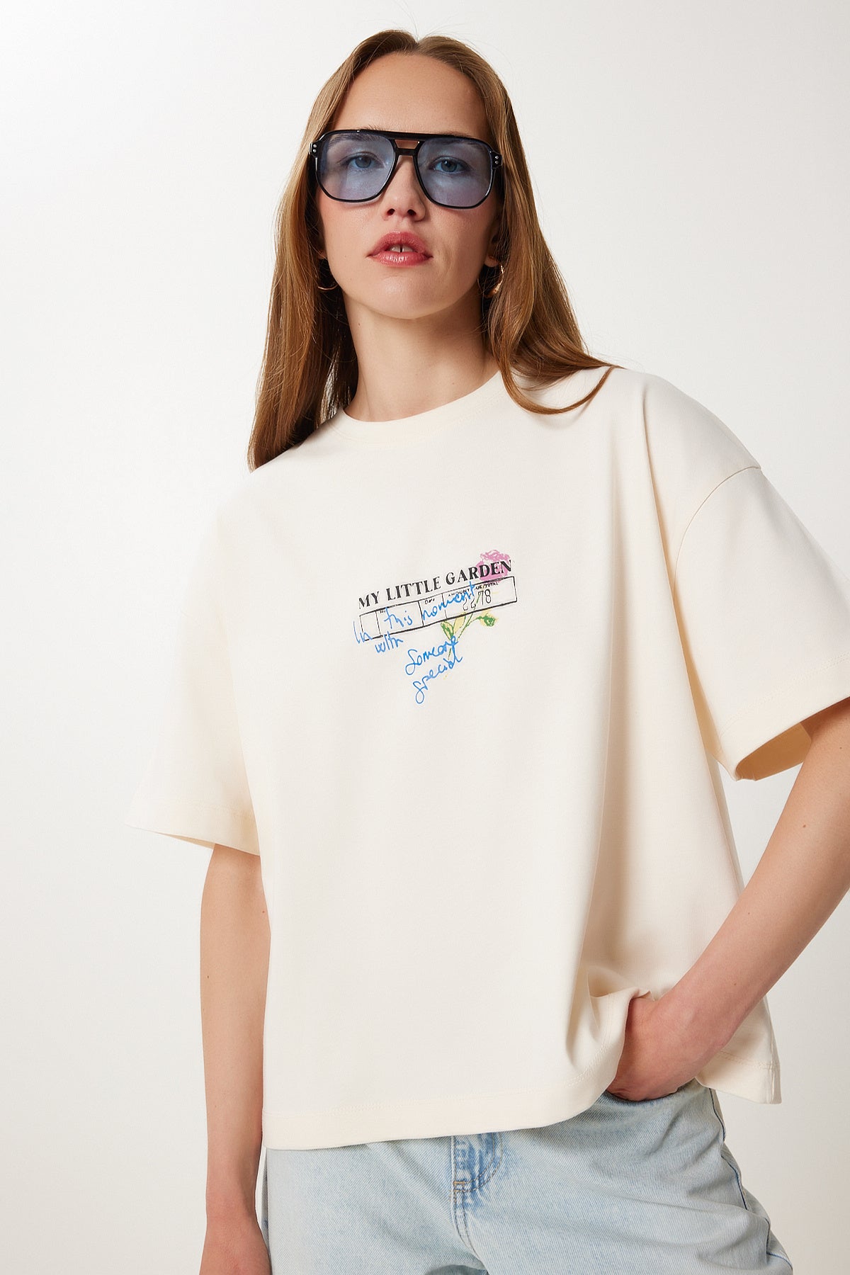 Krem Baskılı Pamuklu Örme T-Shirt UB00399