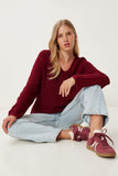 Bordo V Yaka Selanik Örgü Oversize Triko Kazak ZA00059