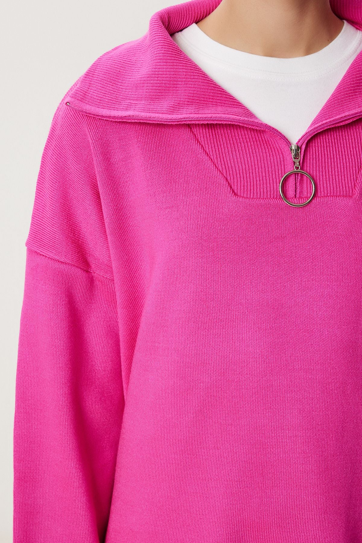 Koyu Pembe Fermuarlı Oversize Triko Kazak YY00263