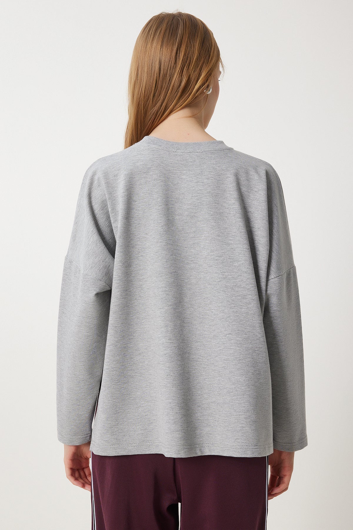Gri Melanj Yandan Yırtmaçlı Oversize Örme Sweatshirt UL00050