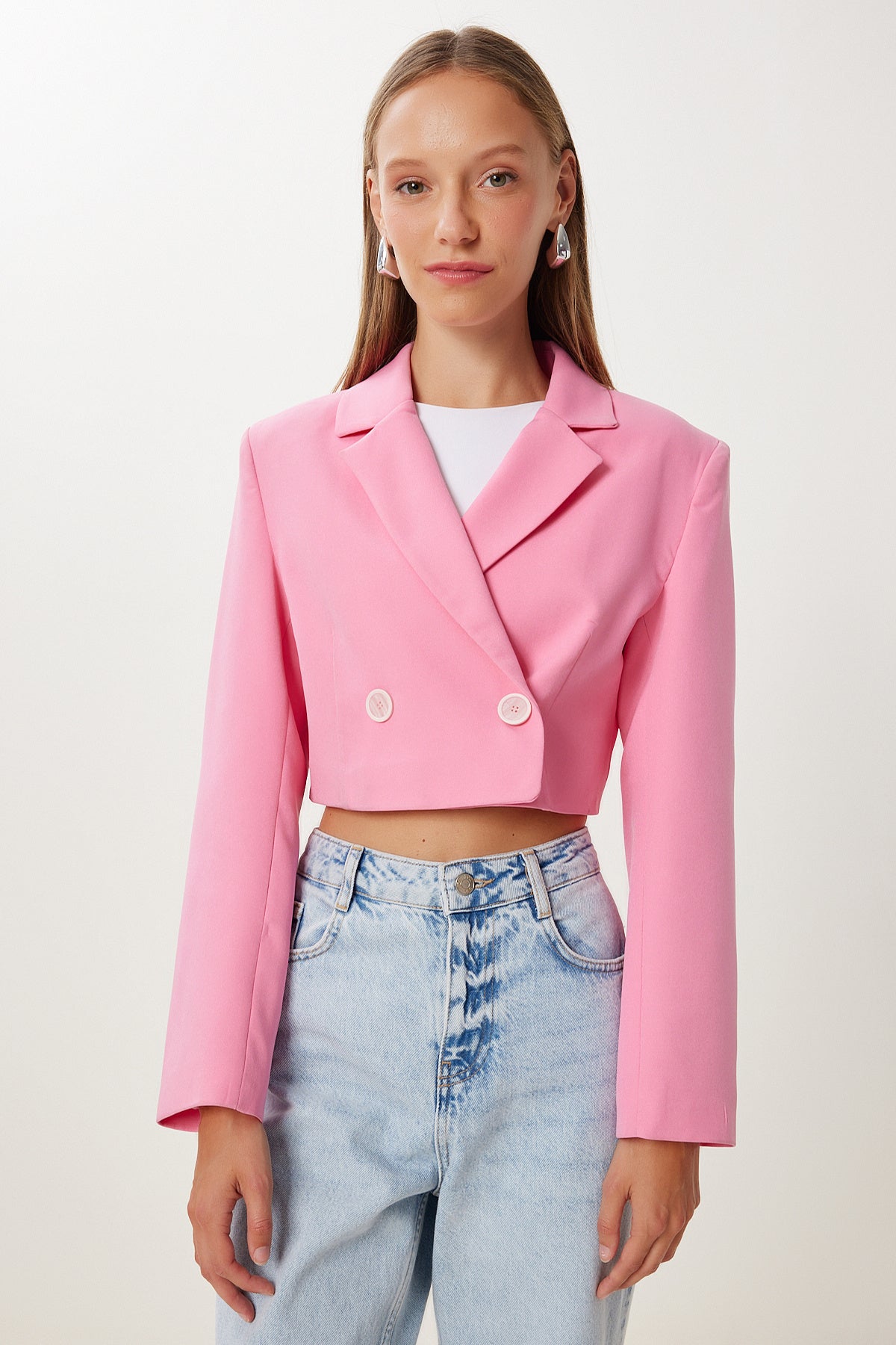 Pembe Vatkalı Crop Dokuma Ceket KT00019