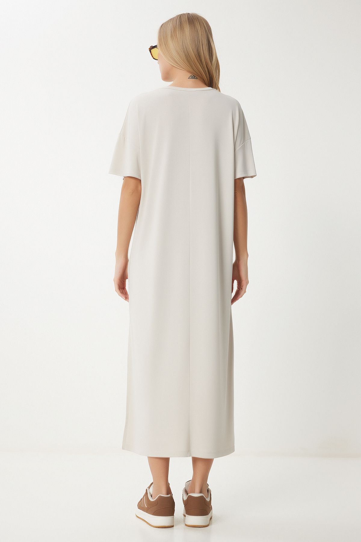 Krem Oversize Basic Yazlık Örme Elbise UB00299