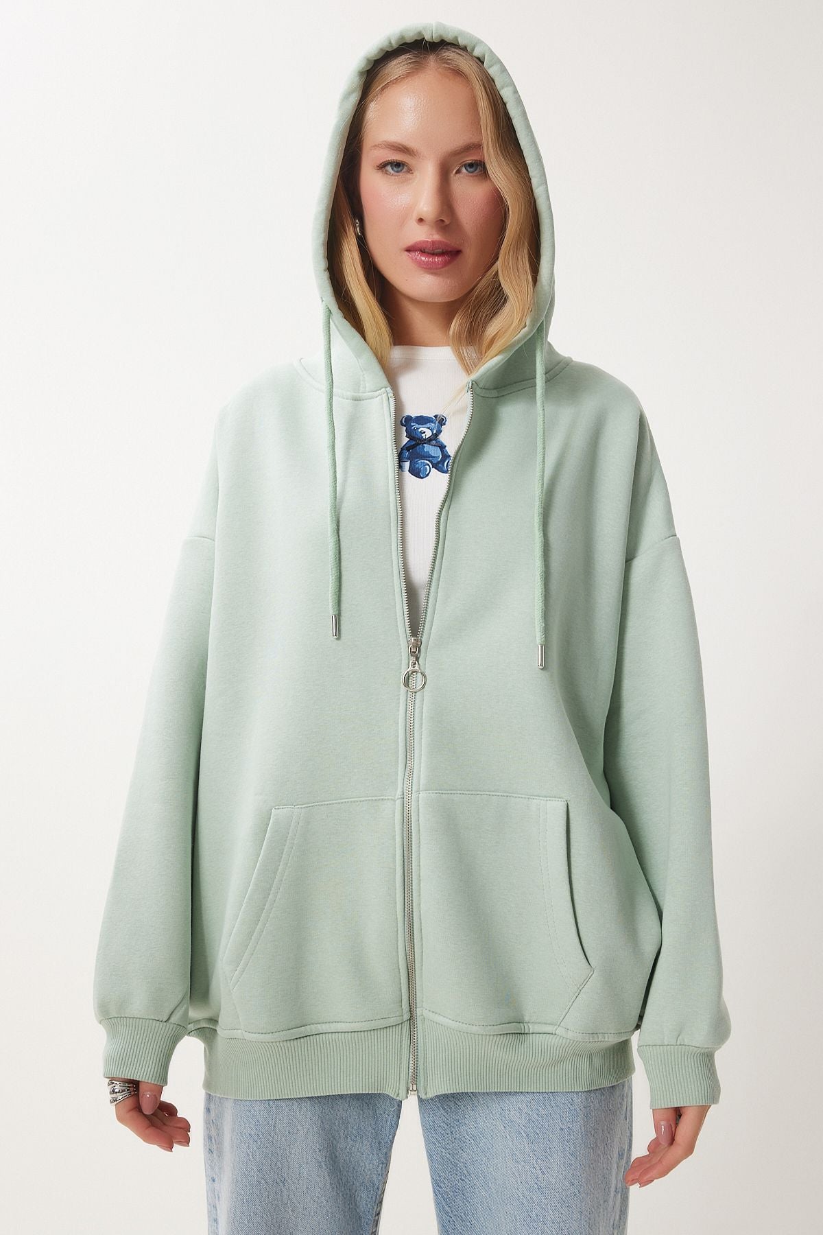 Su Yeşili Kapüşonlu Fermuarlı Oversize Sweatshirt UB00124
