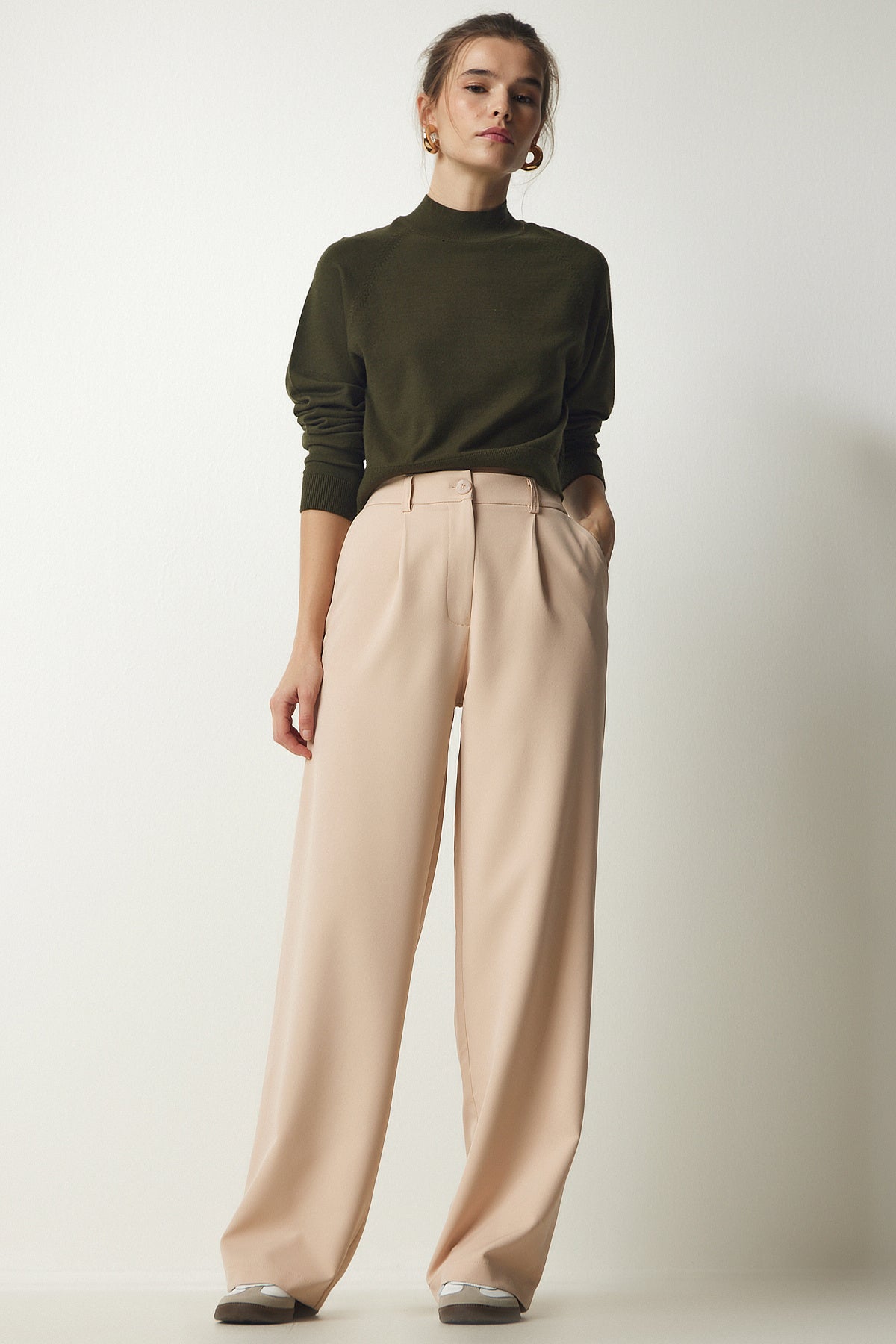 Krem Pilili Dokuma Pantolon UB00188