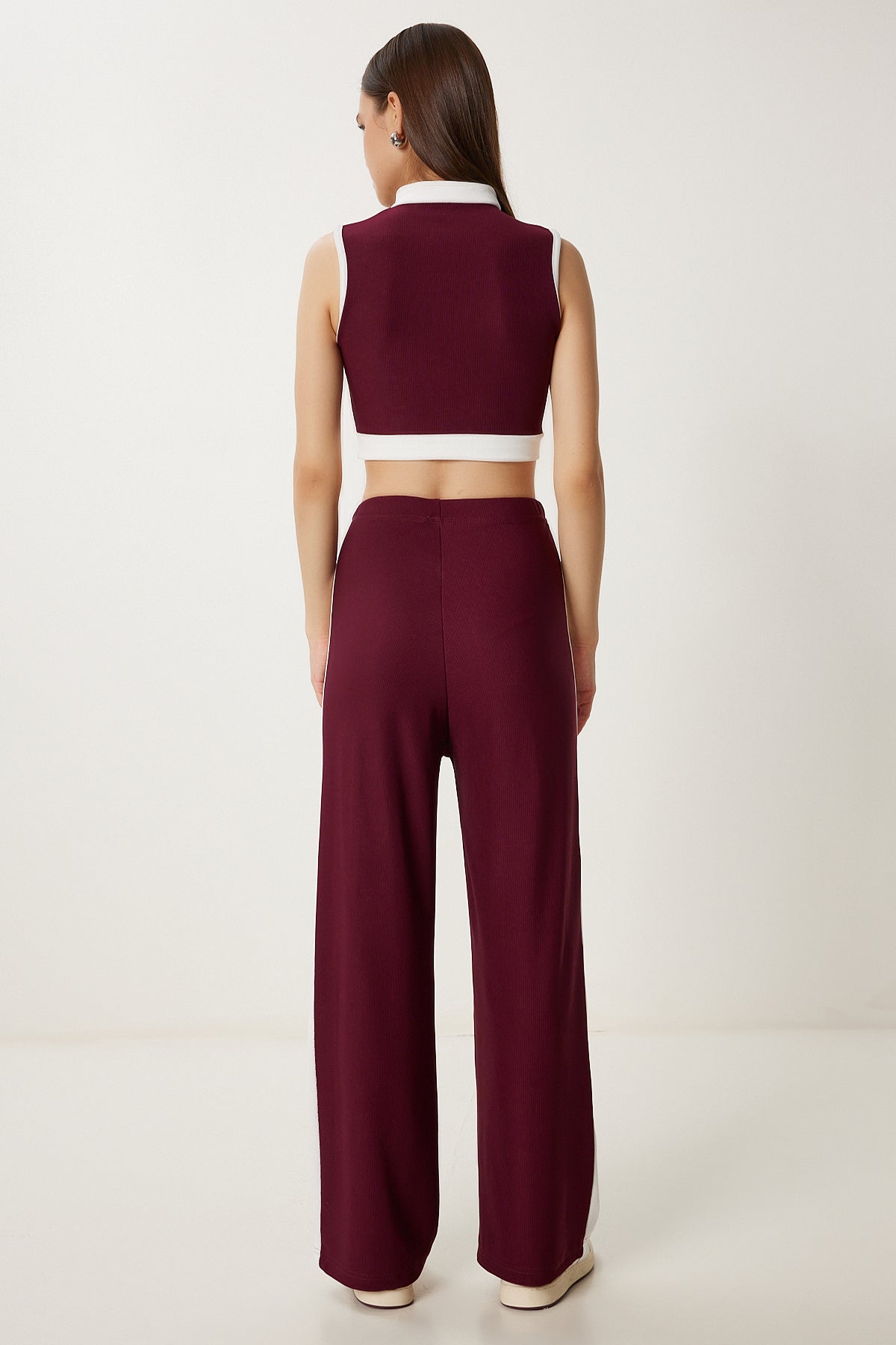 Bordo Kontrast Renkli Fitilli Örme Takım ZV00328