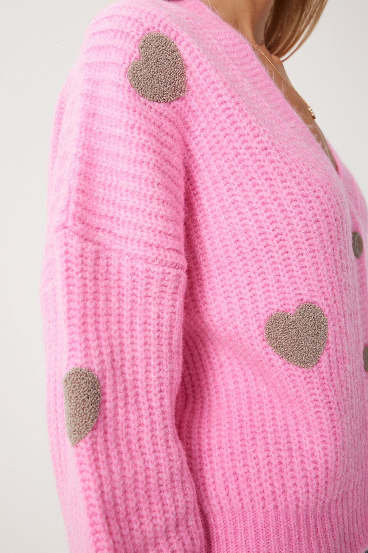 Pembe Kalp Motifli Oversize Triko Hırka PF00084