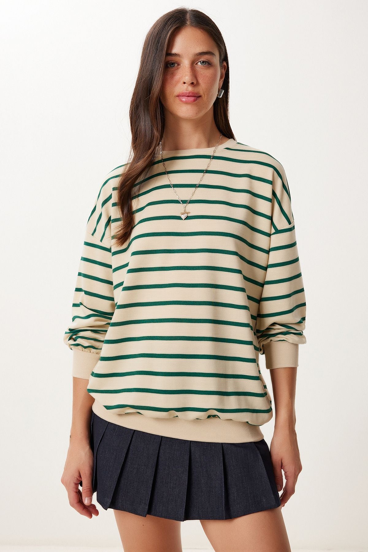 Krem Yeşil Çizgili Oversize Örme Sweatshirt ZV00339