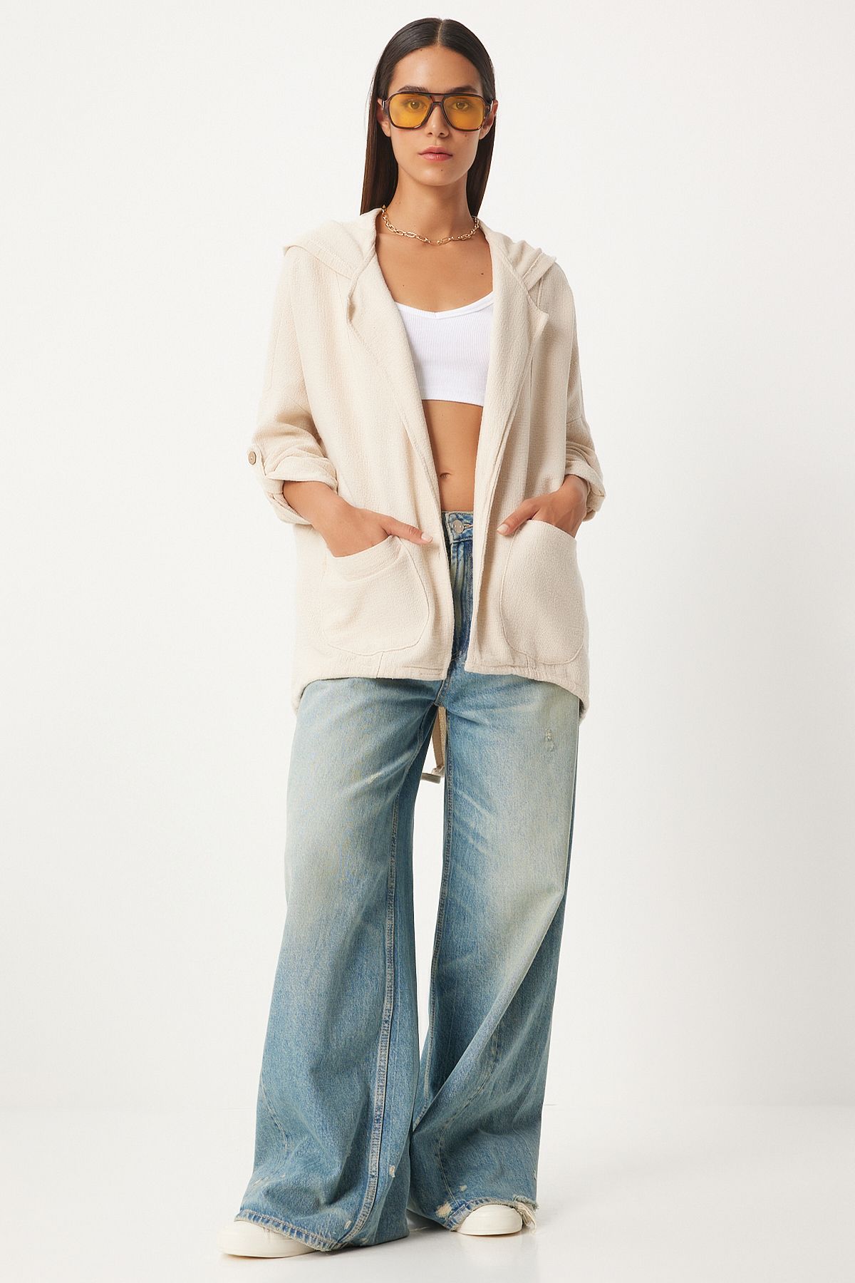 Krem Kapüşonlu Oversize Keten Ceket GP00007