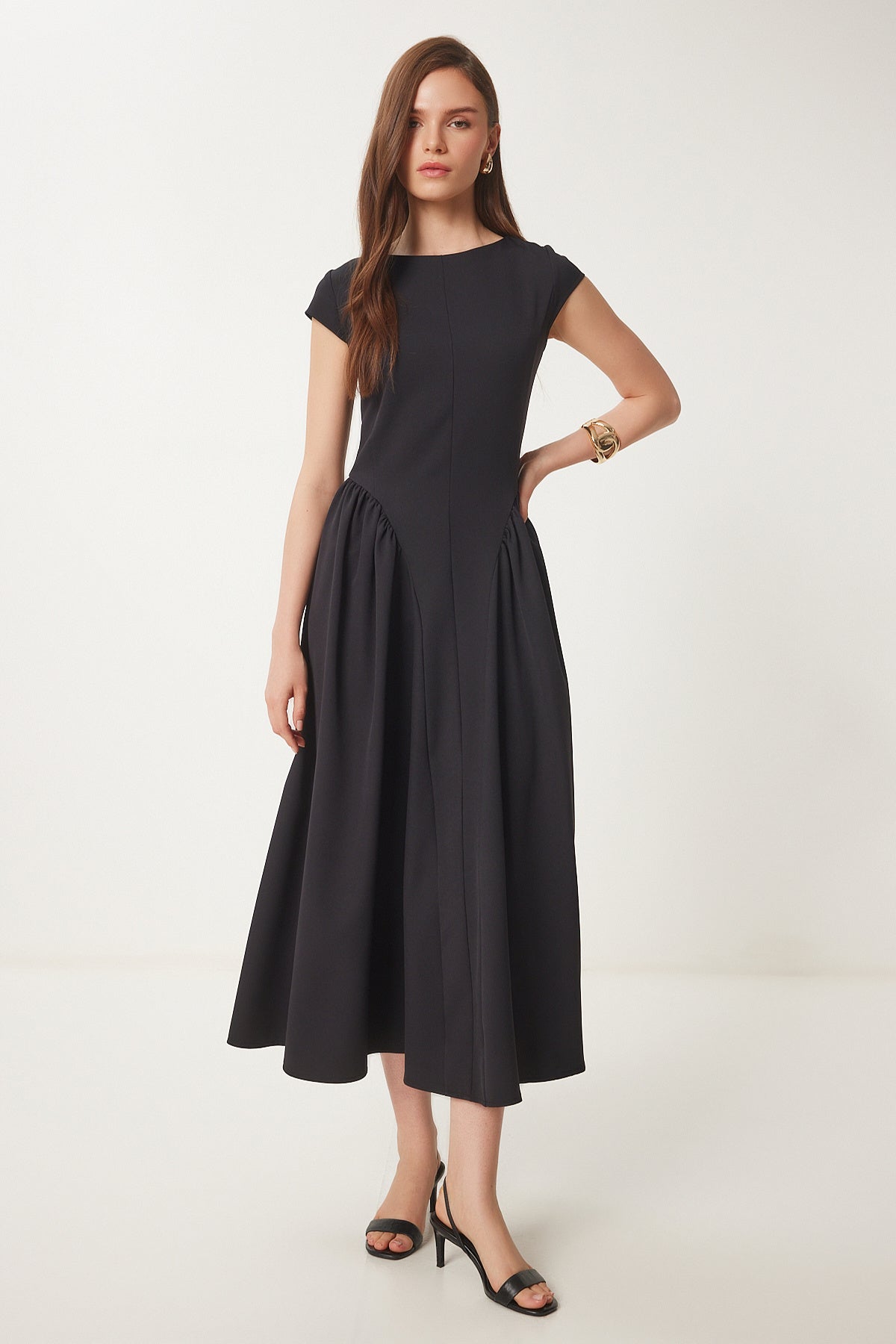 Siyah Midi Poplin Elbise UB00359