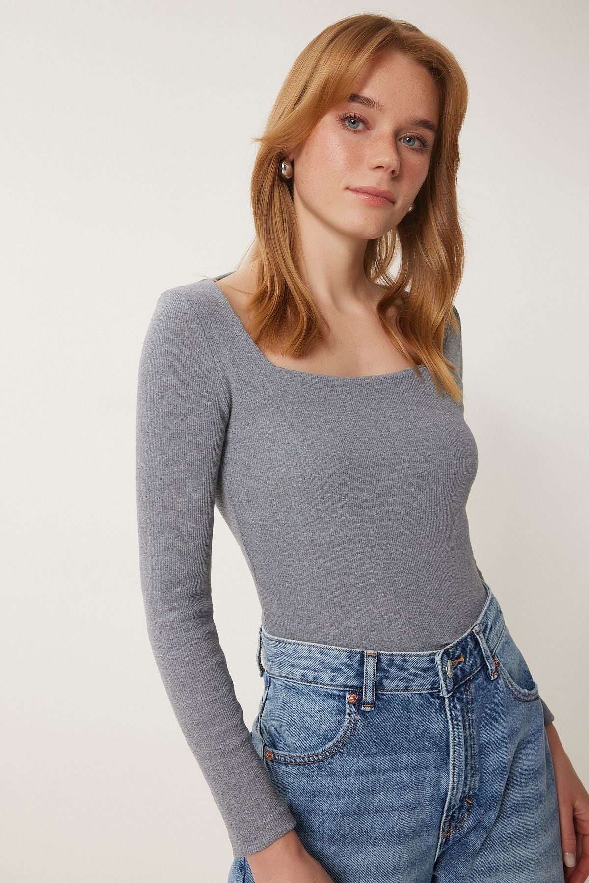 Gri Kare Yaka Fitilli Örme Bluz GT00052