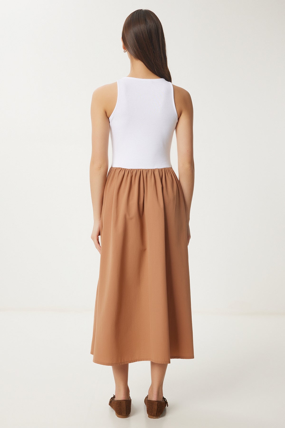 Camel Beyaz Esnek Örme Üstlü Poplin Etekli Elbise UB00379
