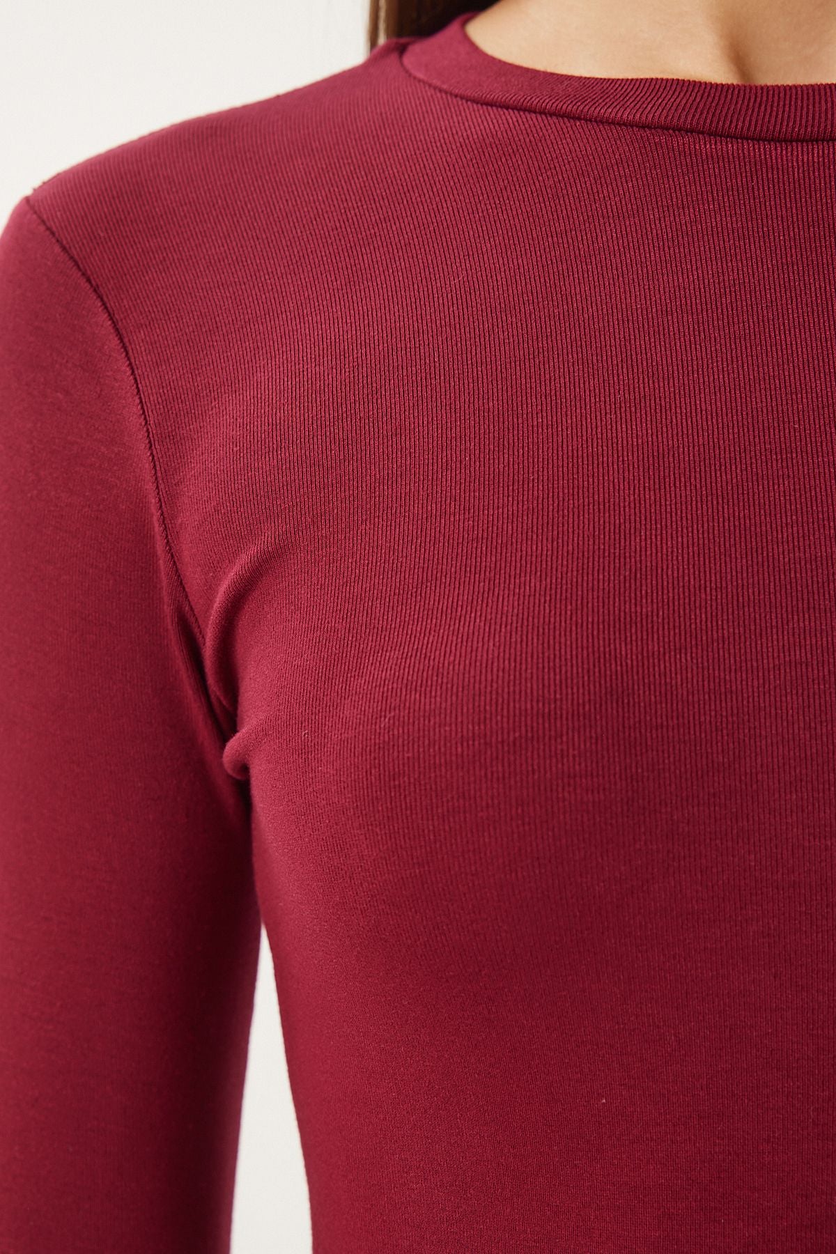 Bordo Bisiklet Yaka Basic Örme Bluz CR00439