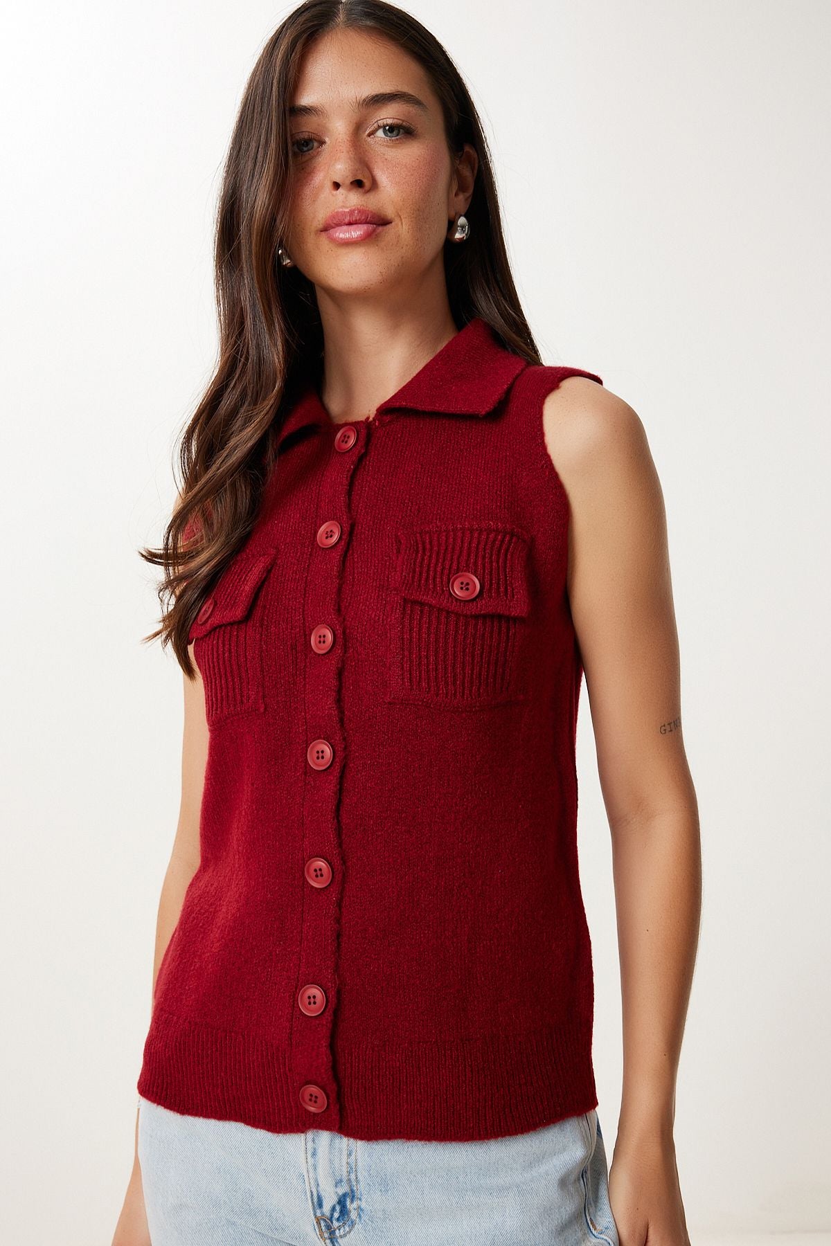 Bordo Polo Yaka Triko Yelek YY00244