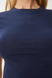 Lacivert Bisiklet Yaka Crop T-Shirt UB00064