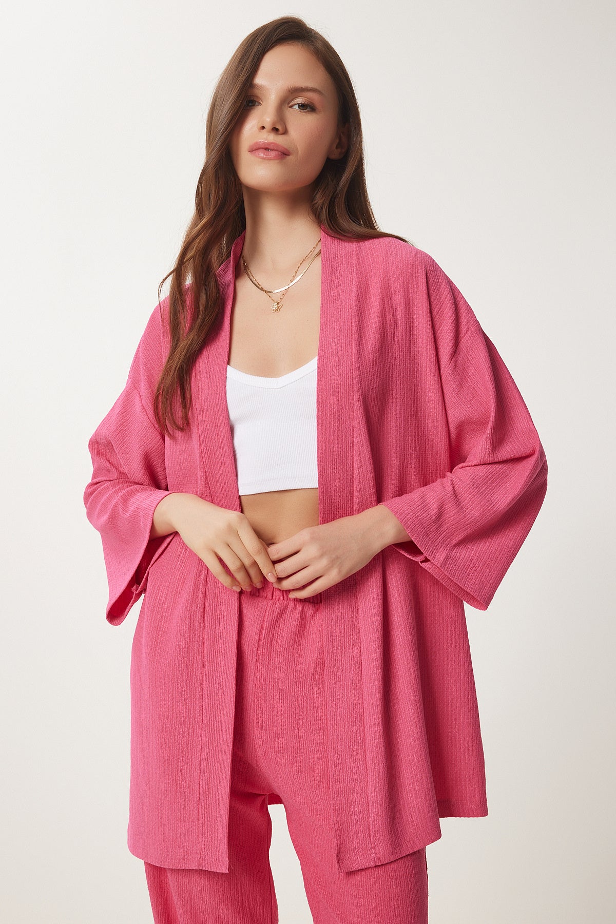 Koyu Pembe Kimono Pantolon Örme Takımı BY00050
