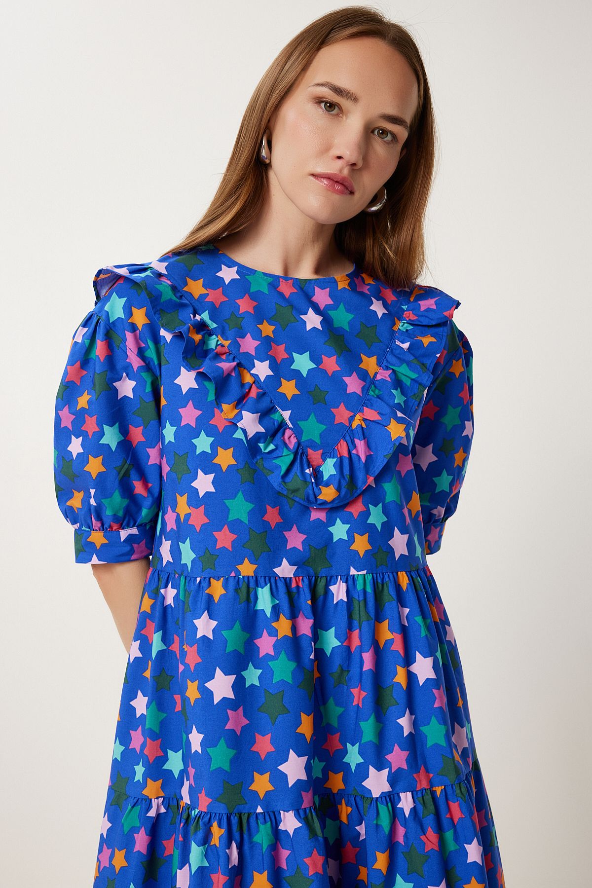 Koyu Mavi Desenli Yazlık Midi Poplin Elbise FK00032