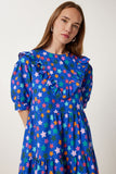 Koyu Mavi Desenli Yazlık Midi Poplin Elbise FK00032