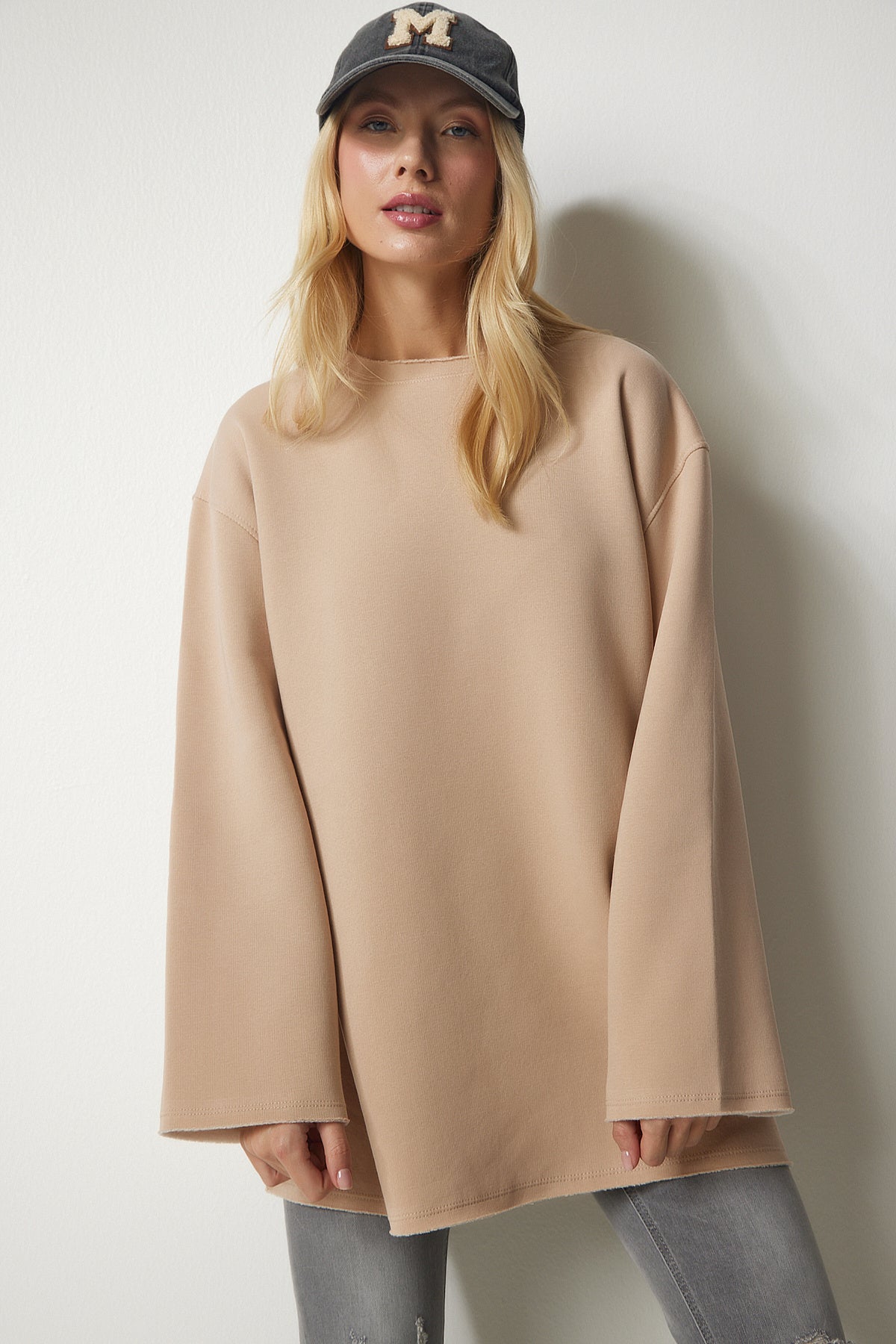Camel Şardonlu Oversize Örme Sweatshirt NJ00131