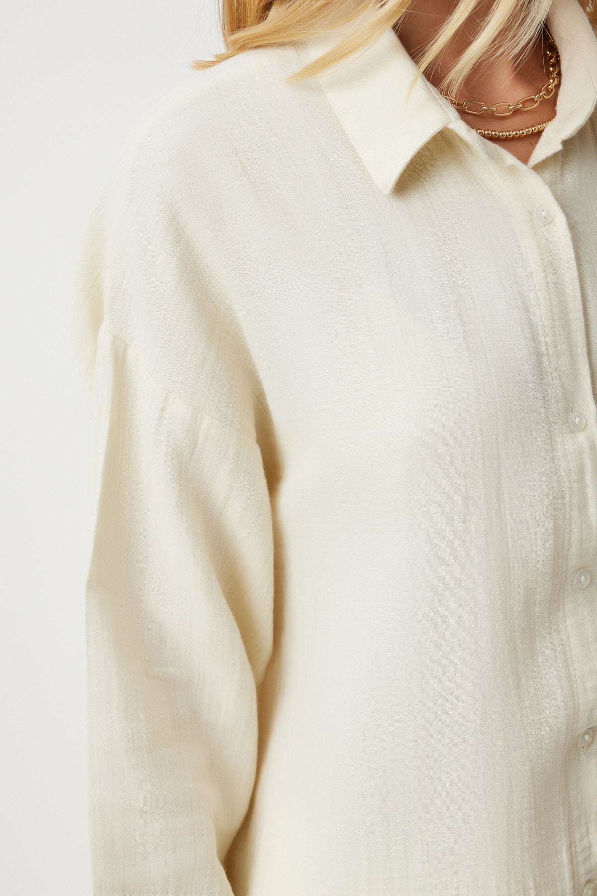Açık Krem Oversize Basic Müslin Gömlek MX00150