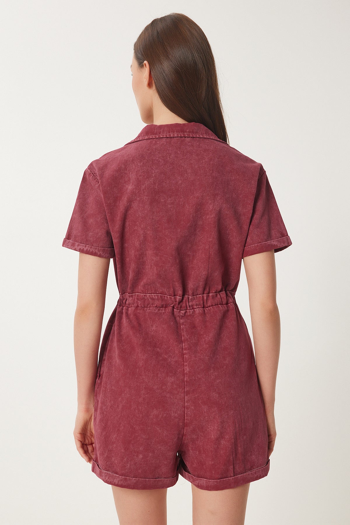 Bordo Polo Yaka Yıkamalı Yazlık Gabardin Tulum RG00053