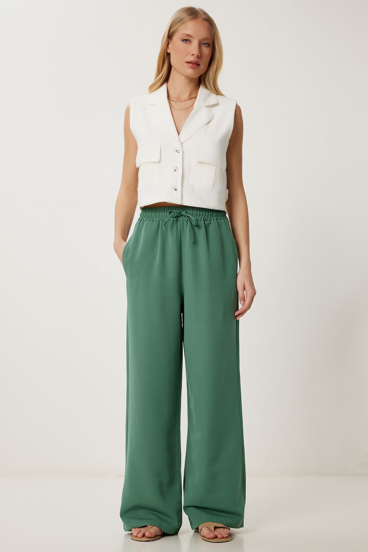 Koyu Yeşil Geniş Paça Keten Pantolon DP00261