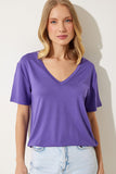 Mor V Yaka Basic Viskon Örme T-Shirt EN00613