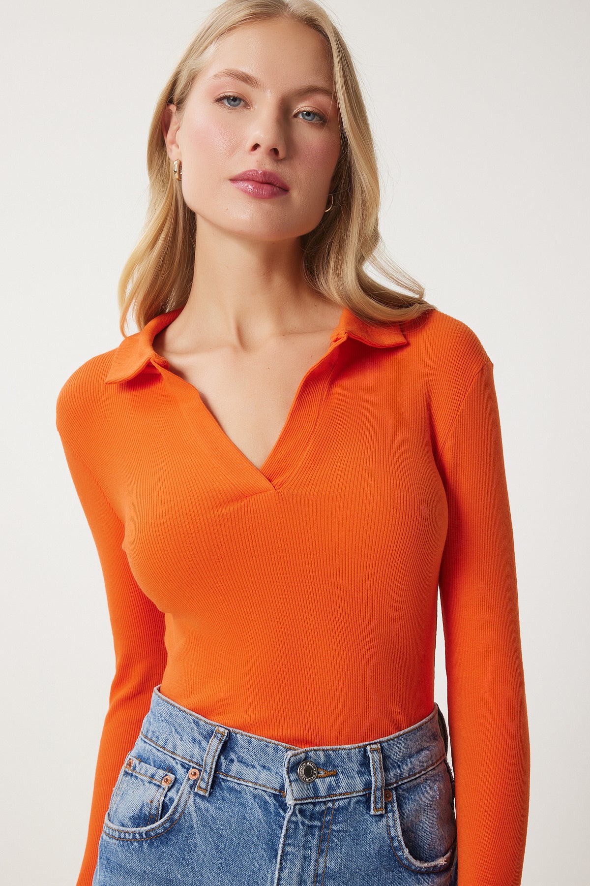 Oranj Yeşil 2'Li Polo Yaka Fitilli Örme Bluz GT00232