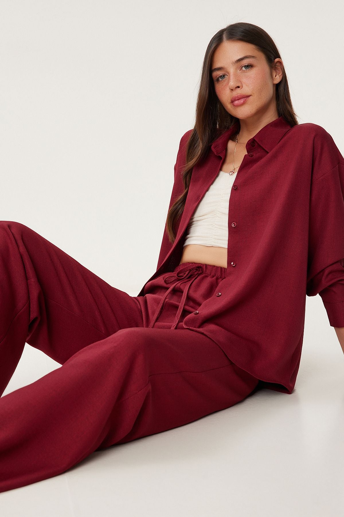Bordo Keten Gömlek Pantolon Takım PB00051