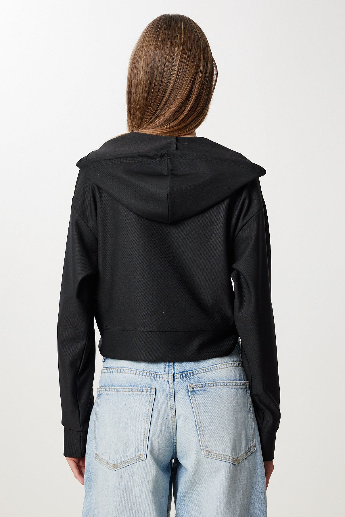 Siyah Kapüşonlu Fermuarlı Örme Sweatshirt AN00263