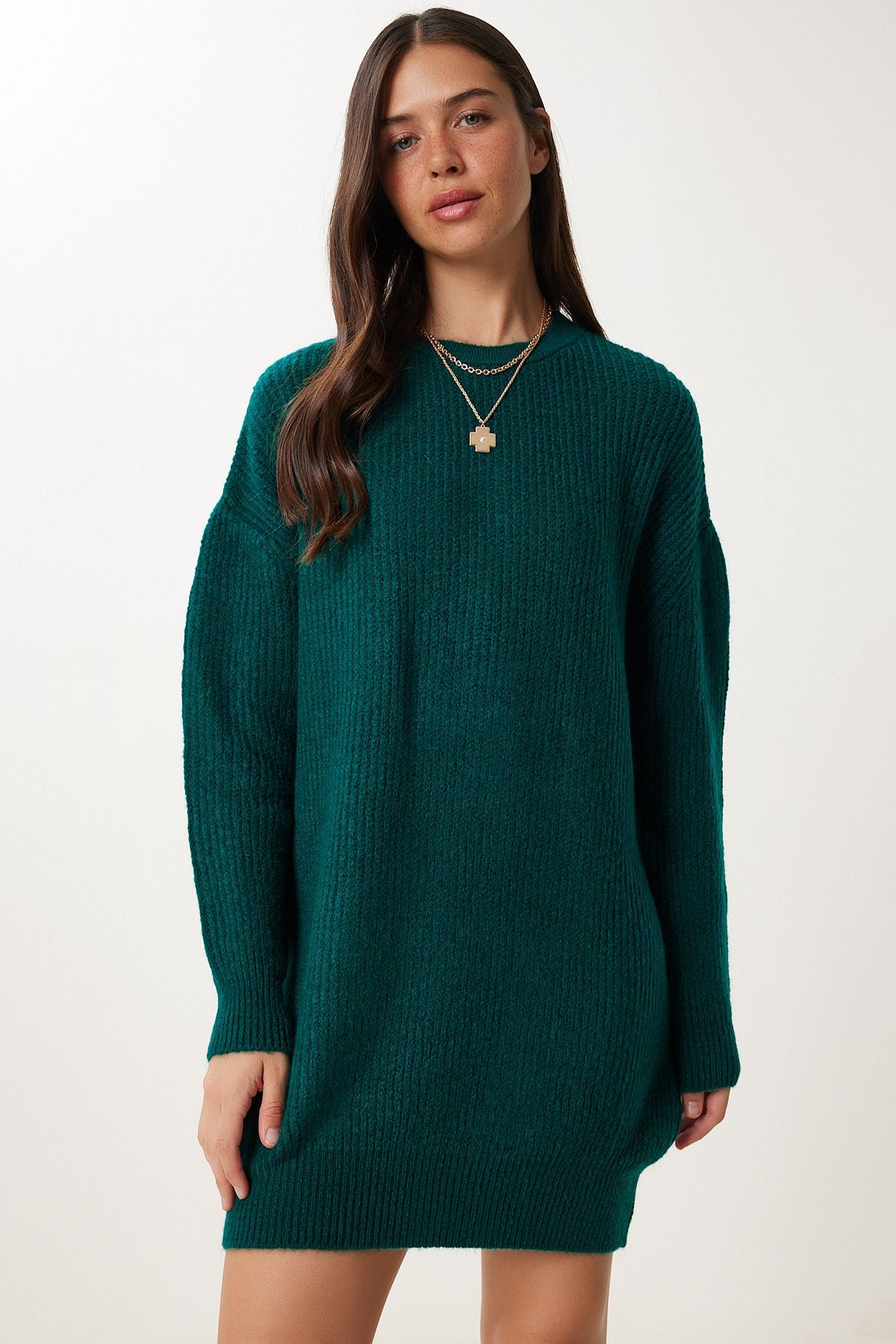 Zümrüt Yeşili Oversize Uzun Basic Triko Kazak BV00099