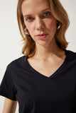 Siyah V Yaka Basic Örme T-Shirt  UB00261