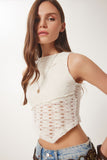 Krem Ajurlu Yazlık Crop Triko Bluz HF00469