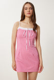 Koyu Pembe Kareli Mini Esnek Örme Elbise TP00090