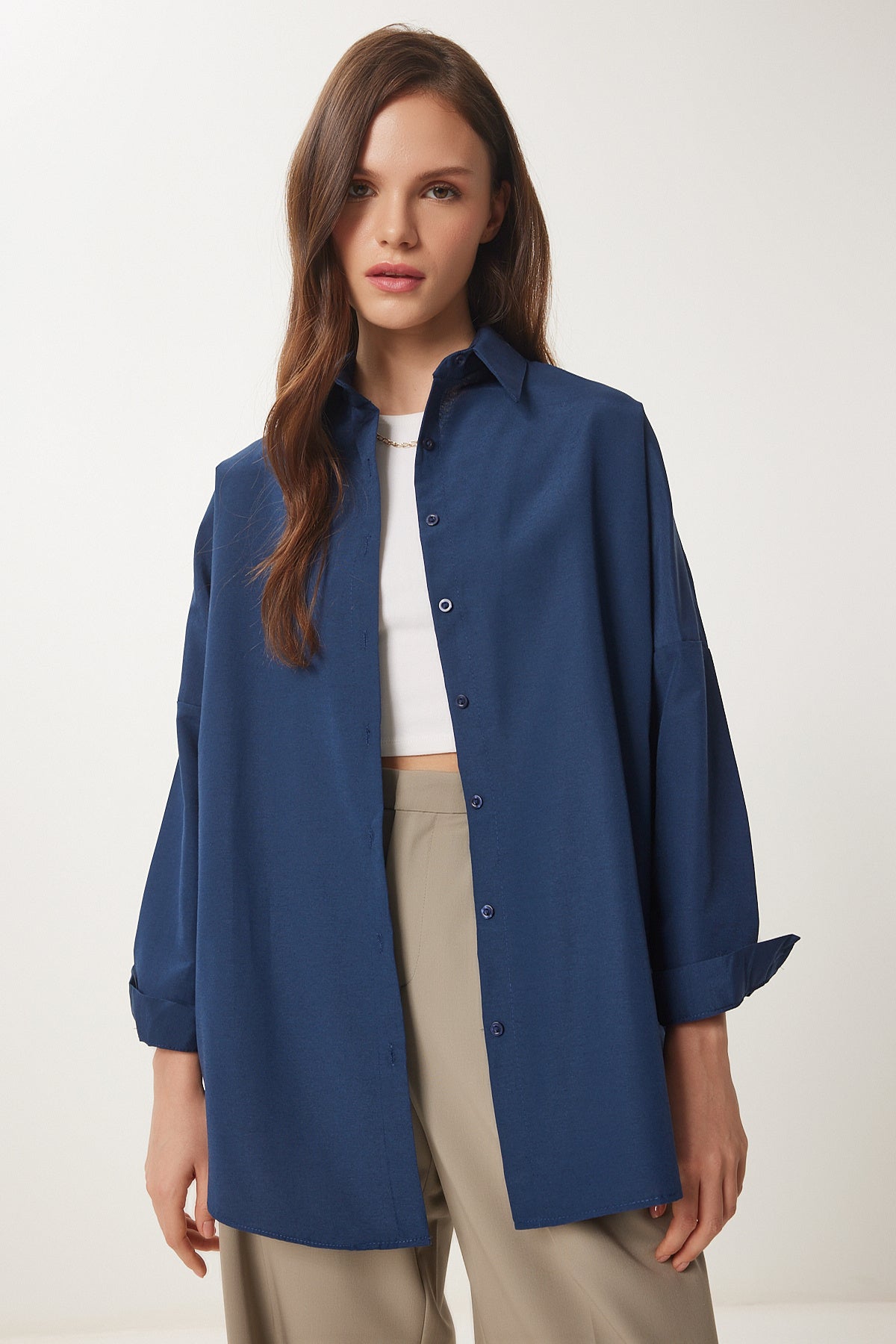 Lacivert Oversize Uzun Basic Gömlek 3900 DD00842