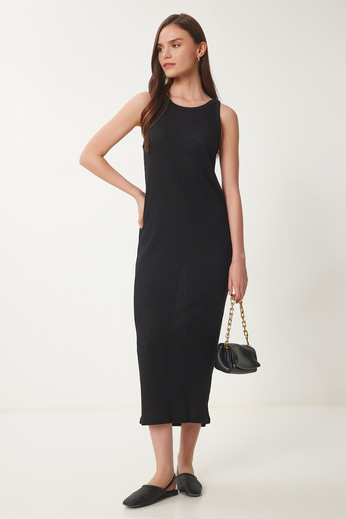 Siyah Basic Fitilli Midi Örme Elbise WO00049