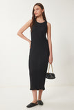Siyah Basic Fitilli Midi Örme Elbise WO00049