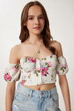 Krem Pembe Desenli Crop Viskon Bluz CR00510