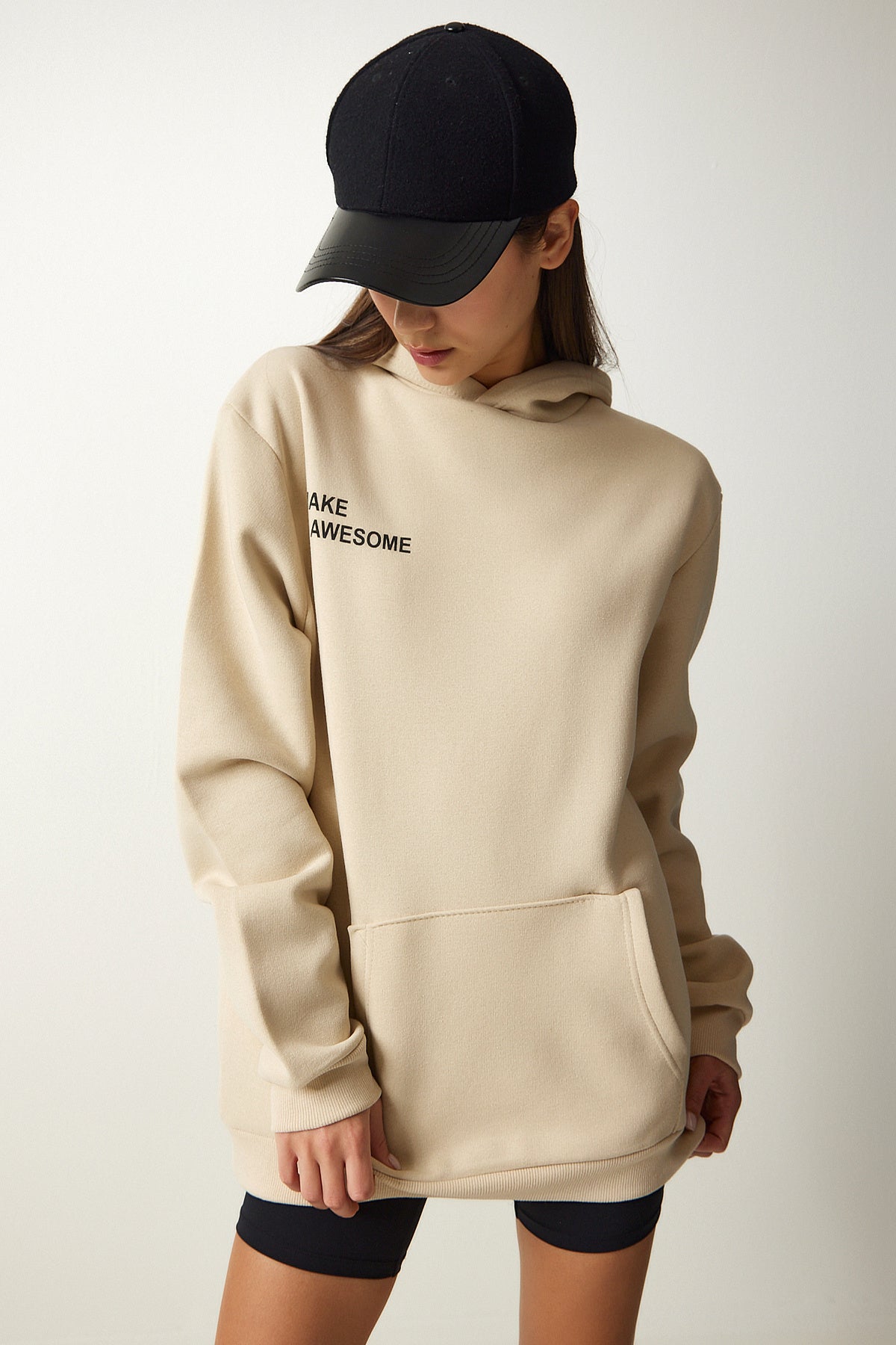 Bej Kapüşonlu Şardonlu Örme Sweatshirt OW00009