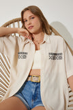 Krem Nakışlı Cepli Oversize Keten Ayrobin Gömlek RG00031