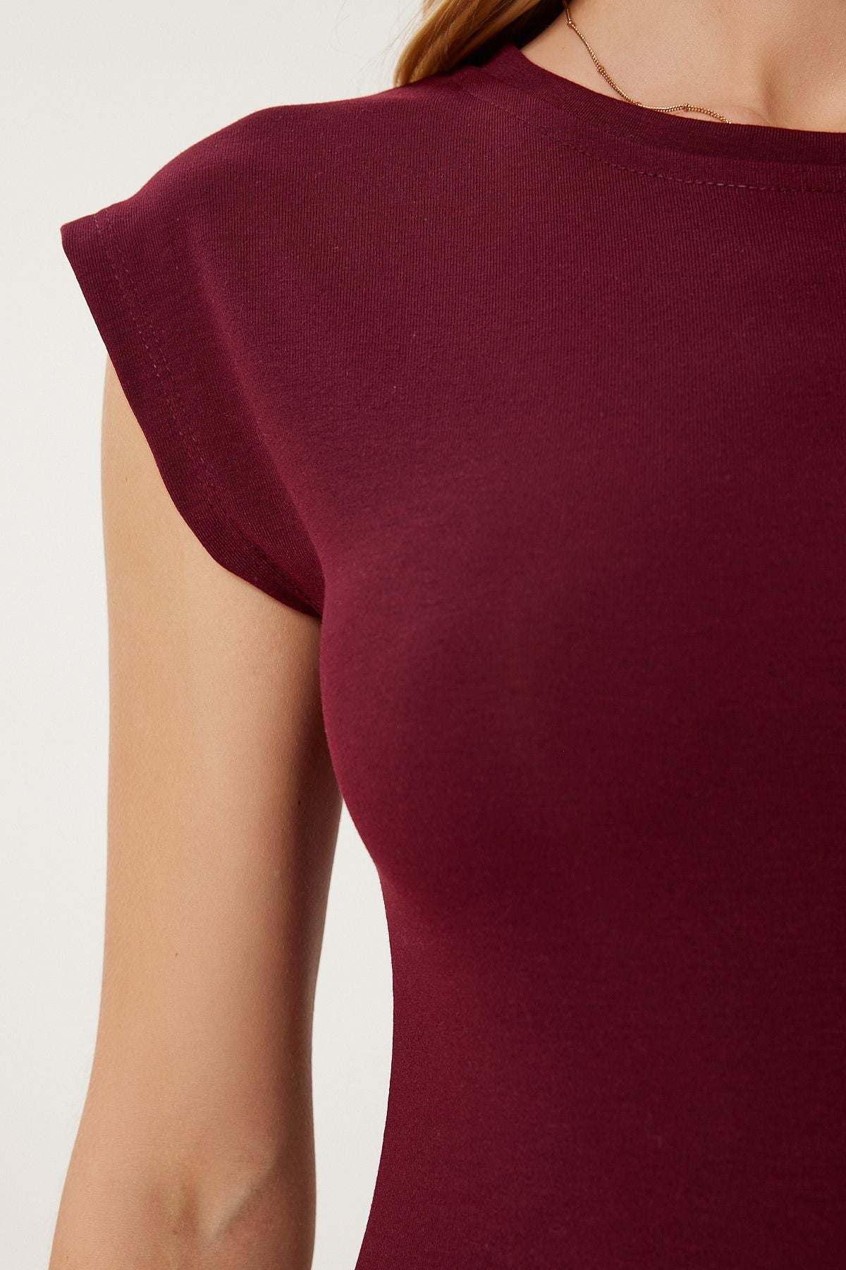 Bordo Kolsuz Esnek Örme T-Shirt ZV00307