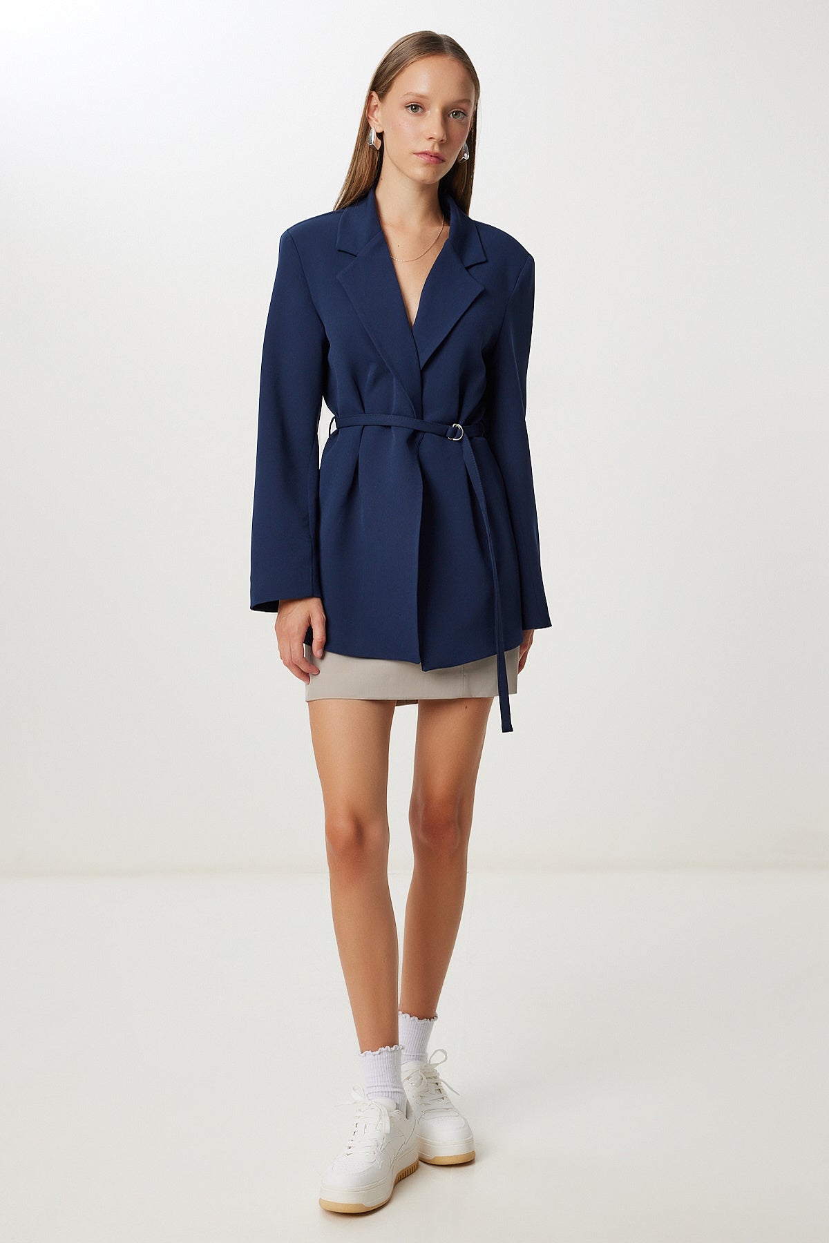 Lacivert Vatkalı Kemerli Blazer Dokuma Ceket KT00023