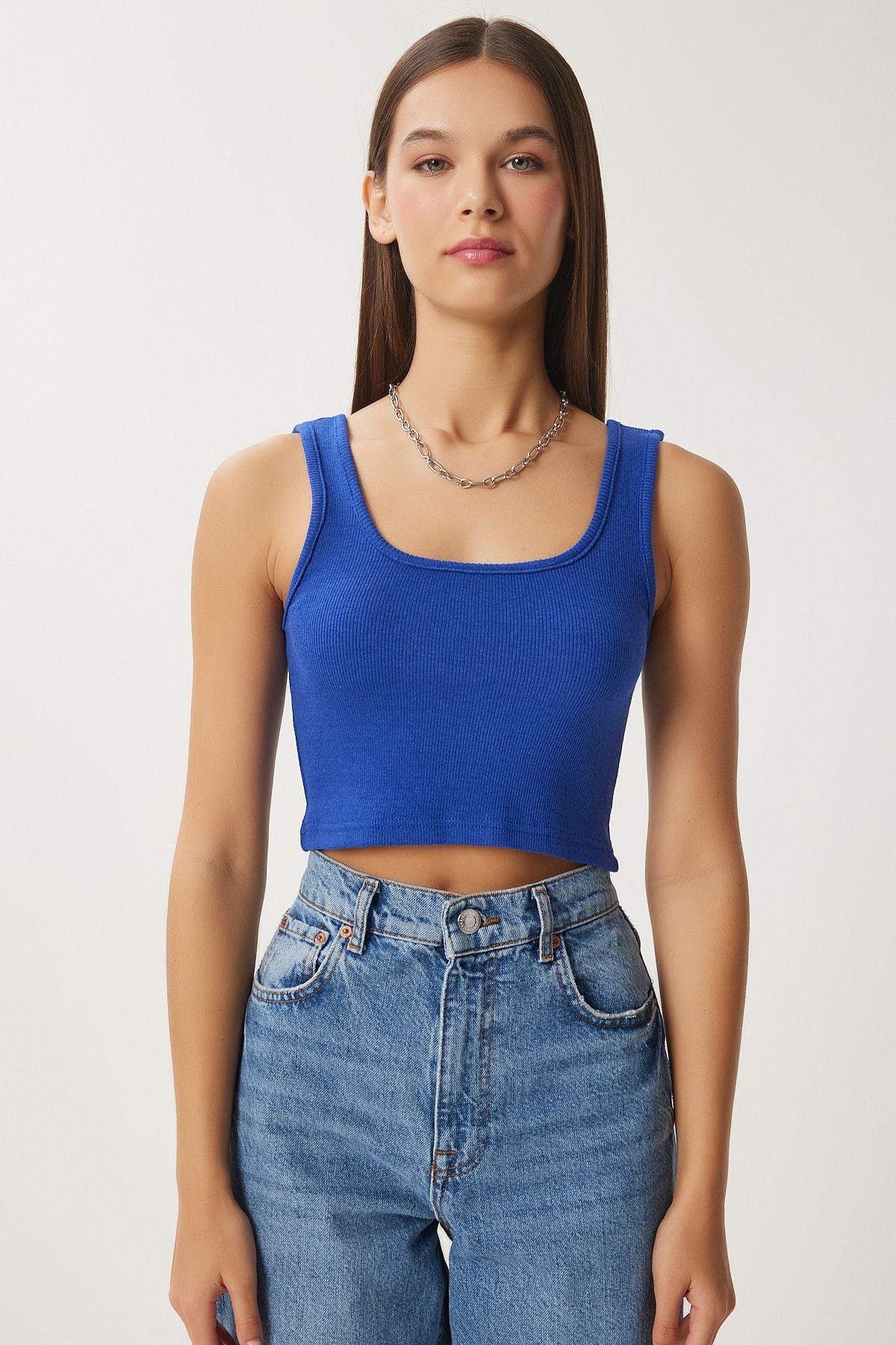 Koyu Mavi Askılı Fitilli Crop Örme Bluz GT00030