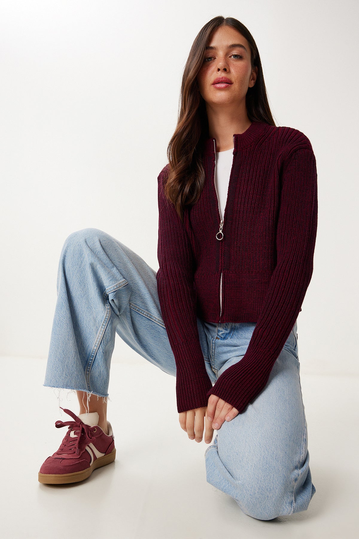 Bordo Dik Yaka Fermuarlı Triko Hırka YY00249