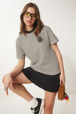 Siyah Krem Çiçek Detaylı Çizgili Örme T-Shirt CR00448