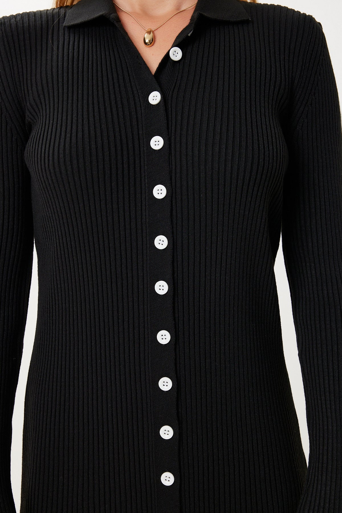 Siyah Polo Yaka Midi Fitilli Triko Elbise MX00245