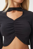 Siyah Cut Out Detaylı Büzgülü Crop Örme Bluz  FN03369