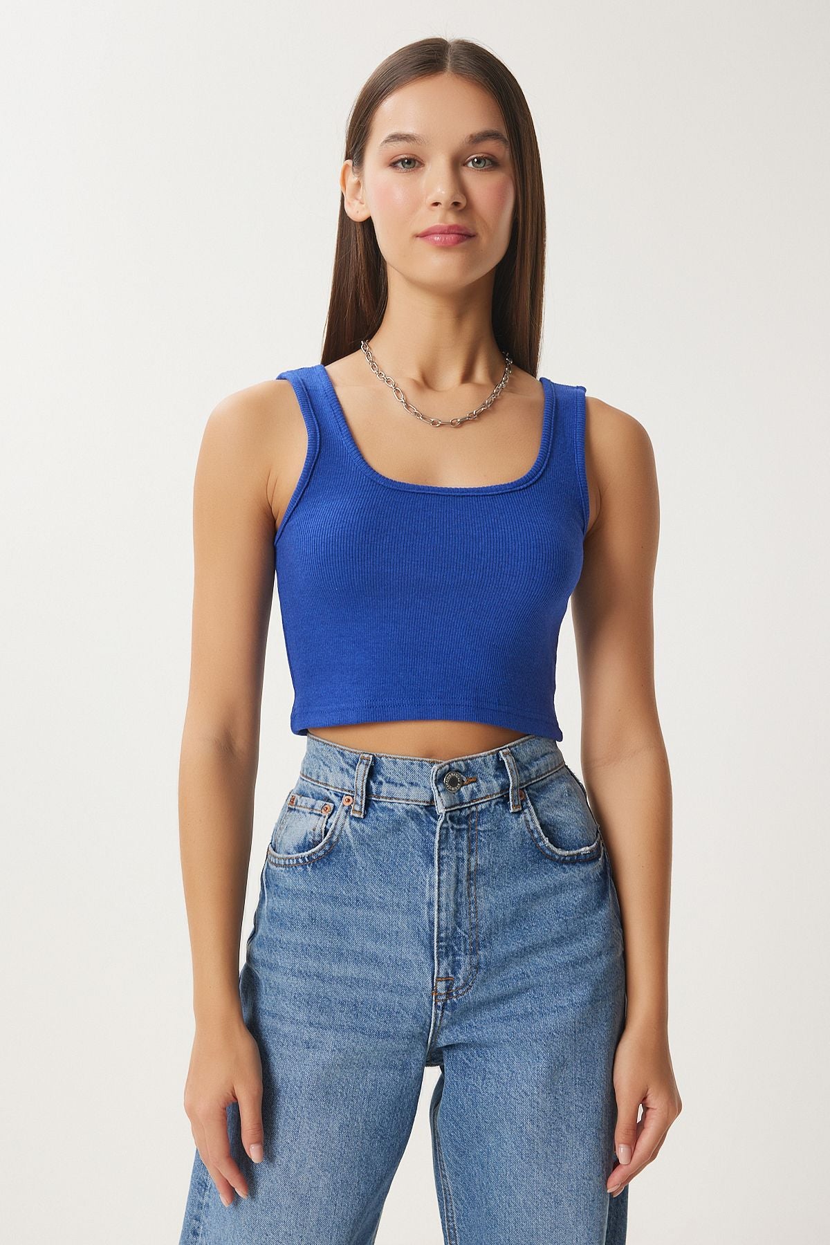 Koyu Mavi Askılı Fitilli Crop Örme Bluz GT00030