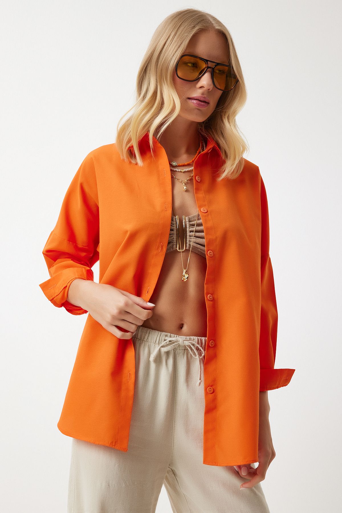Oranj Oversize Uzun Basic Gömlek DD00842